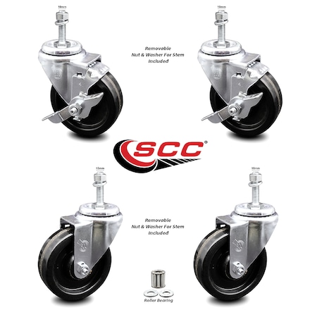 Service Caster 4 Inch Phenolic Wheel Swivel 10mm Threaded Stem Caster Brakes SCC, 2PK SCC-TS20S414-PHR-M1015-2-TLB-2
